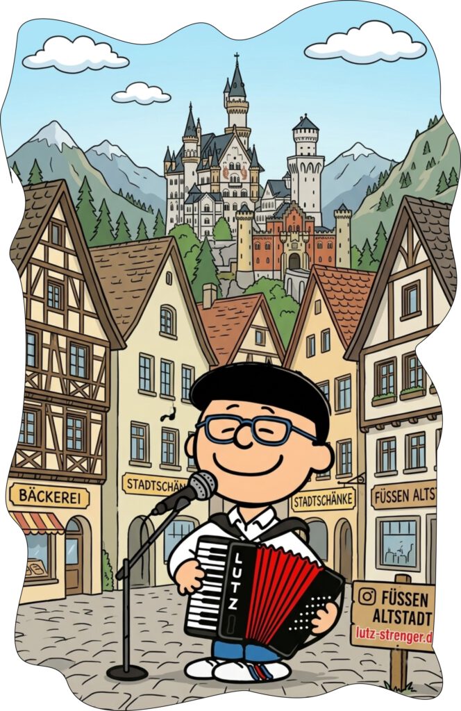 Karrikatur von Tasten-Mann Lutz Strenger mit seinem Akkordeon
